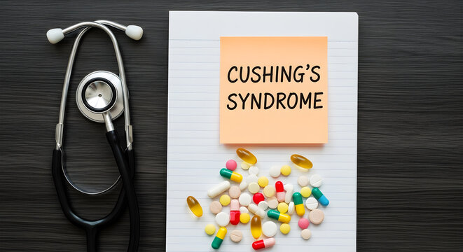 Stethoscope and colorful pills on notepad with Cushing's Syndrome note medicine drugs