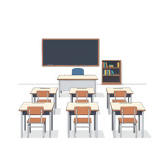 Modern Classroom with Empty Desks and Chalkboard for Education and Learning Concepts