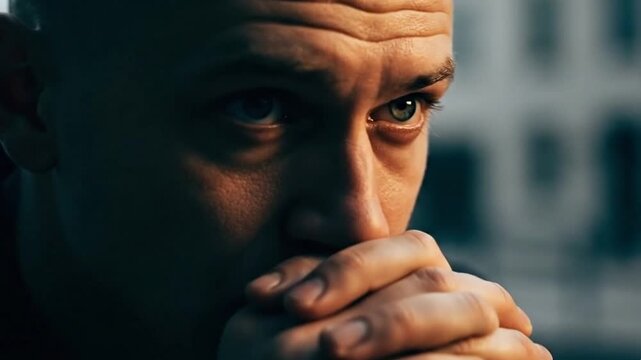 Intense Contemplation: A close-up portrait of a man, deeply engrossed in thought, his eyes revealing a mix of introspection and intensity.