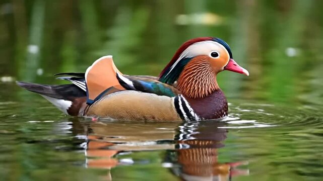 A vibrant mandarin duck gracefully swims in a tranquil pond, showcasing its colorful plumage and serene reflection.