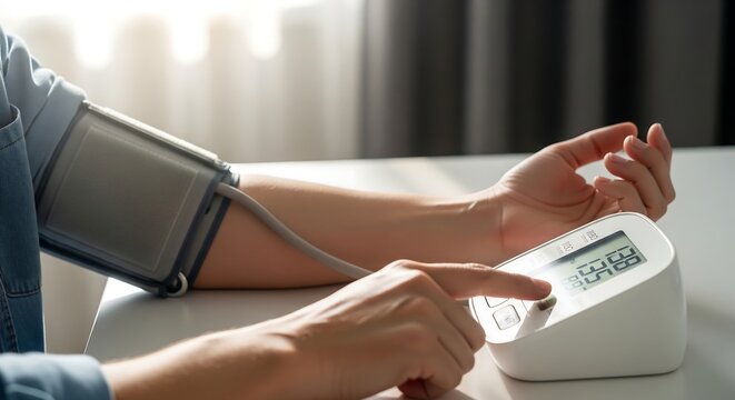 Close-up of a person's arm with a blood pressure monitor cuff inflated, as they press a button on the digital display.
