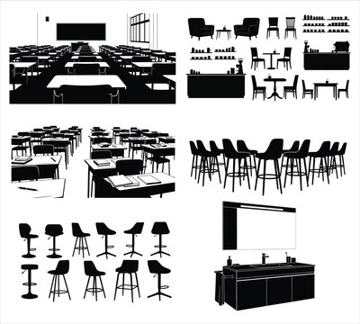 Collage of various seating arrangements and furniture layouts in a conference setting