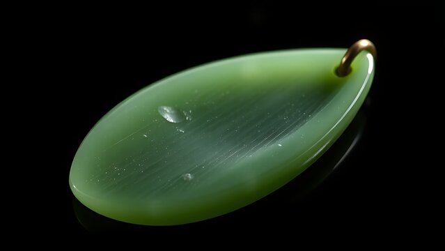 siderite. A slender green jade pendant shaped like a silique on a dark background. event programs, museum guides, designed for cultural heritage projects and event programs, used by fitness trainers.