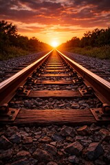 A stunning low-angle view of a railroad track converging into the horizon at sunset, representing journey, travel, and destiny.
