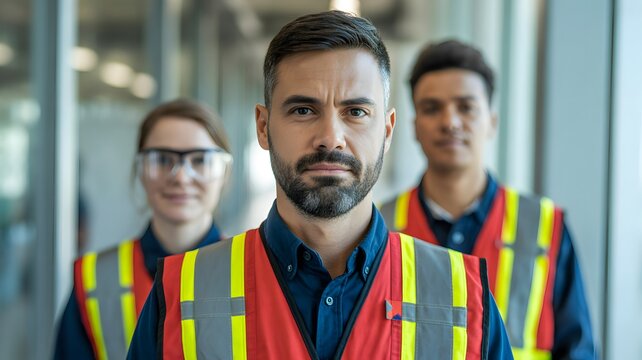 Confident Industrial Team Leader with Safety Vest Standing with Colleagues in Workplace Representing Professional Supervision, Workforce Management, Construction Safety and Teamwork