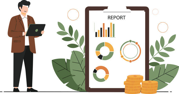 Professional business report on clipboard with financial data charts and analyst using laptop for corporate auditing investment review and profit summary