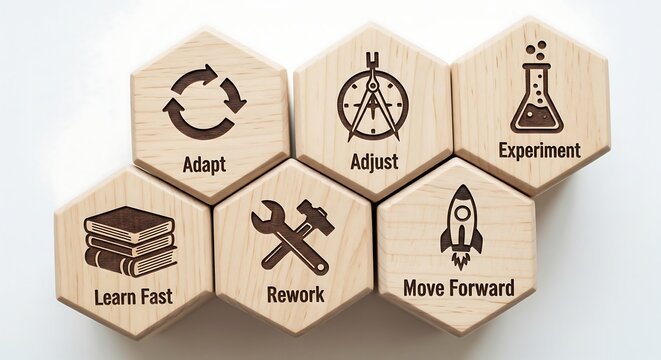 Seven hexagonal wooden blocks with engraved icons and words like Adapt, Adjust, Experiment, Learn Fast, Rework, and Move Forward, symbolizing business strategy and continuous improvement.