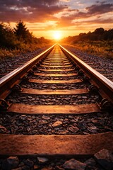 A stunning low-angle view of a railroad track converging into the horizon at sunset, representing journey, travel, and destiny.