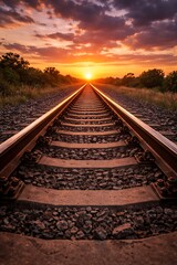A stunning low-angle view of a railroad track converging into the horizon at sunset, representing journey, travel, and destiny.