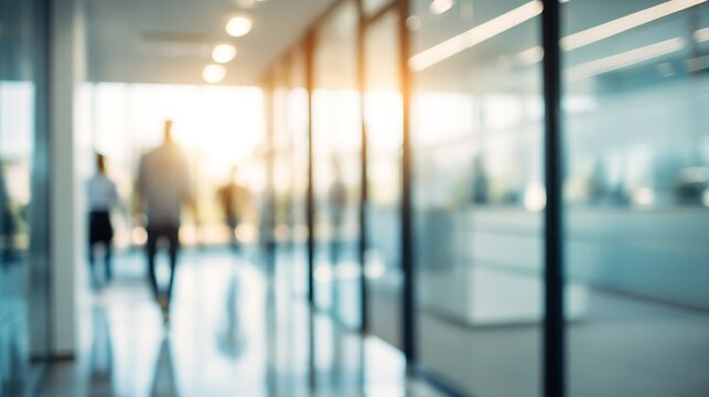 Blurred glass walls in modern office building with blurry people walking through hallway closeup, bright light bokeh effect for corporate life and work concept