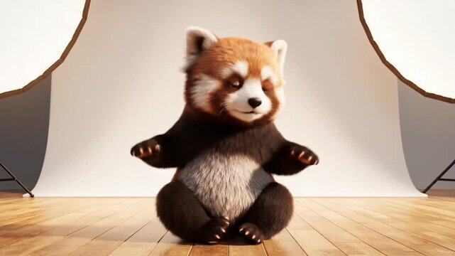 Cartoon red panda doing yoga on one leg in studio with soft lighting