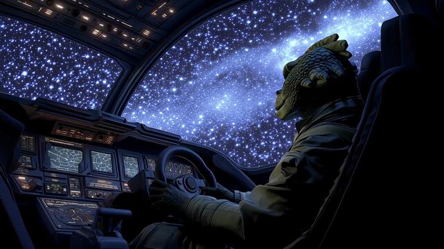 Alien pilot inside futuristic spaceship cockpit looking at stars, sci fi space travel scene with advanced technology and cinematic atmosphere