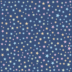 Cute star pattern with multicolored stars, flat design starry night background for kids wrapping paper and textile.