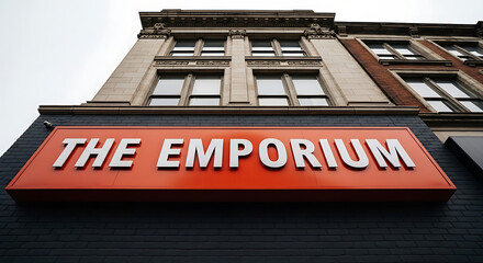 Obraz premium Low angle view of a building facade with a prominent red sign reading The Emporium in white letters against a grey sky