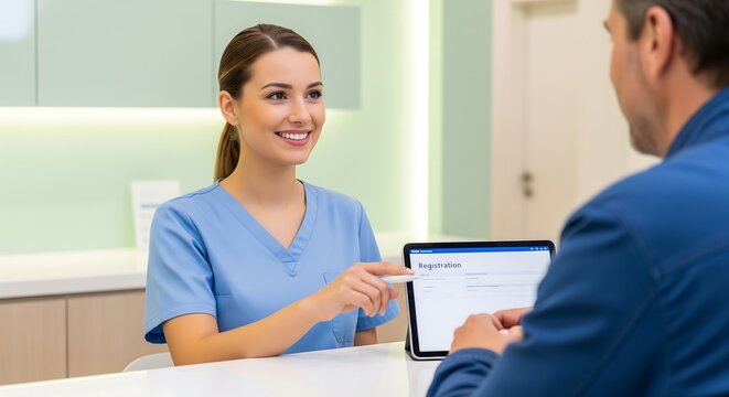 Smiling receptionist assisting a male patient with digital registration at a modern clinic.