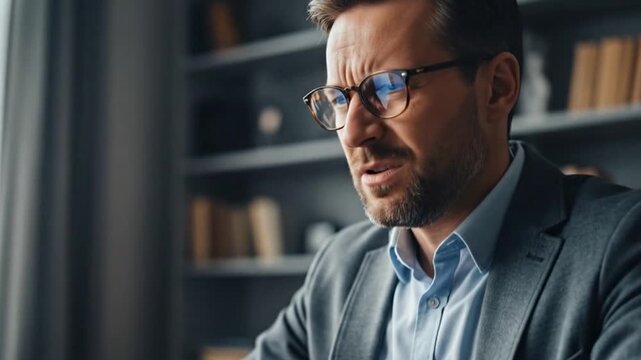 Focused Thought: A determined man with glasses is deeply engrossed in thought, possibly contemplating a complex problem or project in a professional setting.