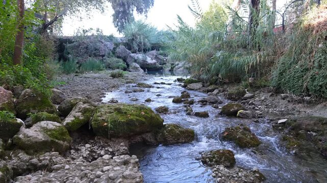 A small spring is flowing. Tarsus waterfall in autumn. Mersin, T&uuml;rkiye. 4k video 