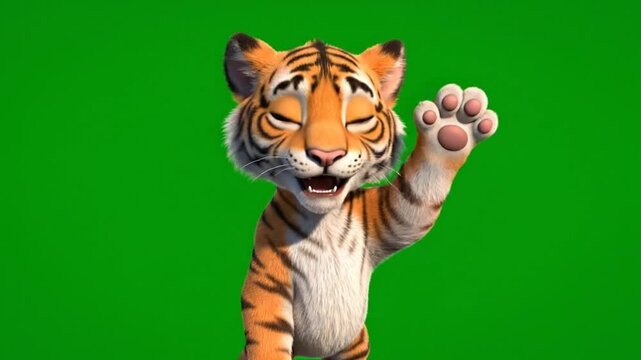 Cartoon tiger waving with a smiling face on a green screen background