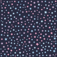 Pink and blue star pattern on dark background, celestial sky vector illustration for nursery decor, magic sparkles and twinkling galaxy background.