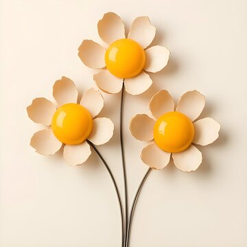 Whimsical floral art with eggshell petals and sunny egg yolk centers