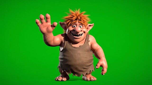 Cartoon troll character on green screen background for animation