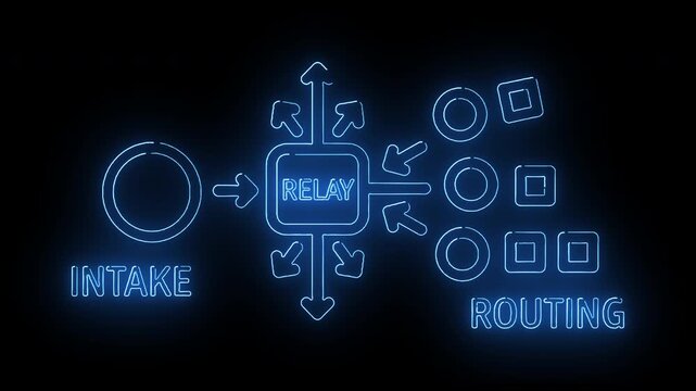 Neon-lit diagram of a data relay system with intake, routing, and arrows on a black background.