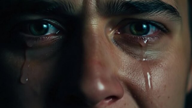 Tears of Anguish: Intense close-up of a sorrowful individual, conveying deep emotion as tears stream down the face. The image encapsulates the essence of human emotion and vulnerability.