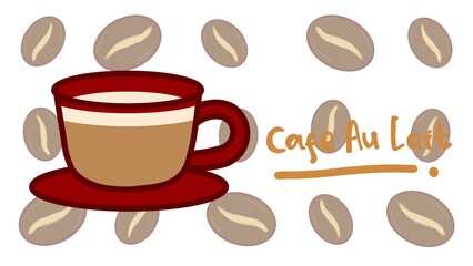 Obraz premium Hand-drawn cafe au lait illustration with coffee beans background. Minimalist coffee icon for cafe menus, bakery branding, and coffee shop decor. Isolated on white background.