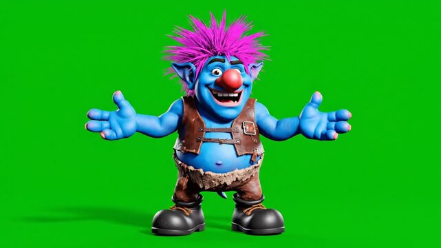 Cartoon troll character with purple hair on green screen background