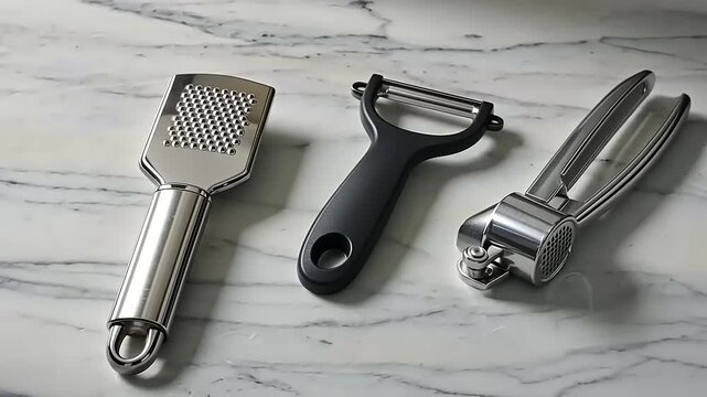 Kitchen tools arranged on a marble surface for cooking