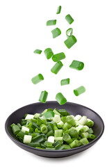 zest of onion in black plate isolated on white background. full depth of field. clipping path