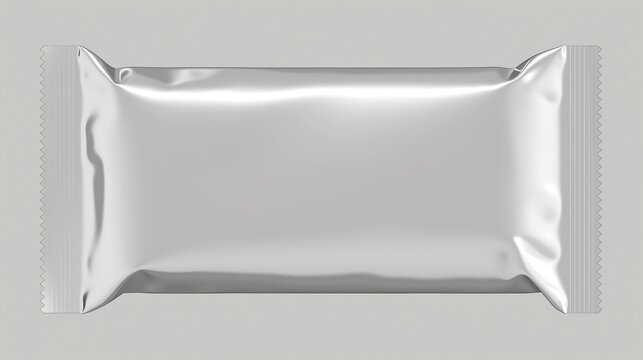 Mockup of empty silver foil candy bar packaging on clean grey background, high resolution product design for chocolate snack wrapper template.