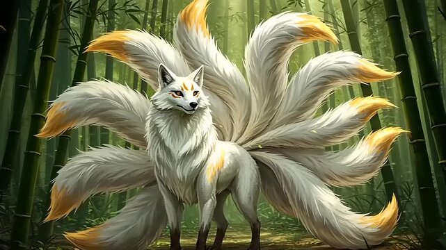 Majestic fox with nine tails in a serene bamboo forest