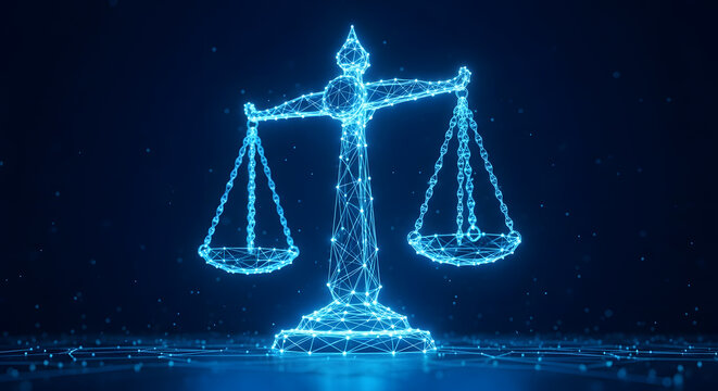 Digital scales of justice glowing wireframe representation | Futuristic legal system concept technology background | AI ethics and digital law compliance visualization | Plexus network symbolizing