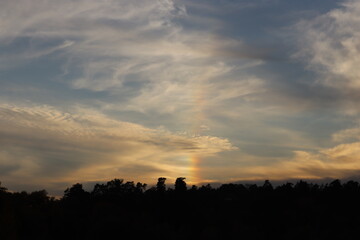 Obraz premium Vertical sun pillar phenomenon in dramatic evening sky over forest