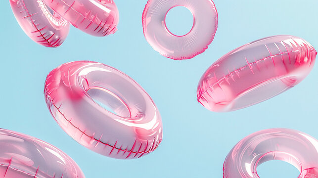 Pink translucent inflatable rings floating in light blue air. Concept of summer vacation, relaxation and minimalist abstract holiday design.