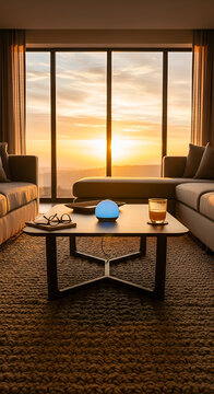 Cozy Living Room with Smart Speaker at Sunset