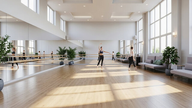 Spacious dance studio with light wooden floor and high windows, ballet dancers practicing at the barre, gray sofas for audience, plantted plants.