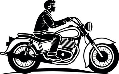 Obraz premium Monochromatic vector illustration of a male biker wearing a leather jacket and sunglasses, riding a classic cruiser motorcycle, isolated on a transparent background.