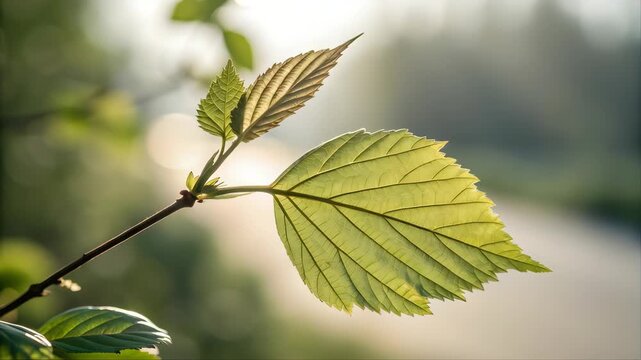 Fresh green birch leaves grow on a slender branch against a bright sky, capturing the natural beauty and seasonal growth of the forest foliage in the sun