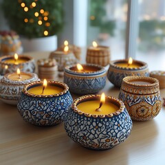 Ornate, hand-painted ceramic candle holders with burning yellow candles
