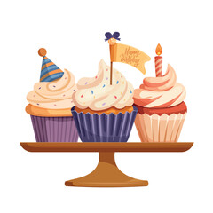 Festive birthday cupcakes on a cake stand with candles and party decorations. Colorful flat vector illustration isolated on white background, perfect for greeting cards and celebration designs.