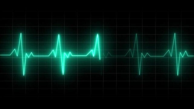 cyan color neon line electrocardiogram animation. Neon ECG line animation video on black grid background. Heart beat. One pulse line.  Heart beating and pumping