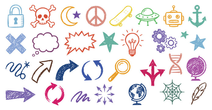 Colorful crayon doodle icons set with hand drawn skull, robot, ufo and peace symbols. This vector illustration collection is perfect for creative scrapbooking stickers and app design projects.