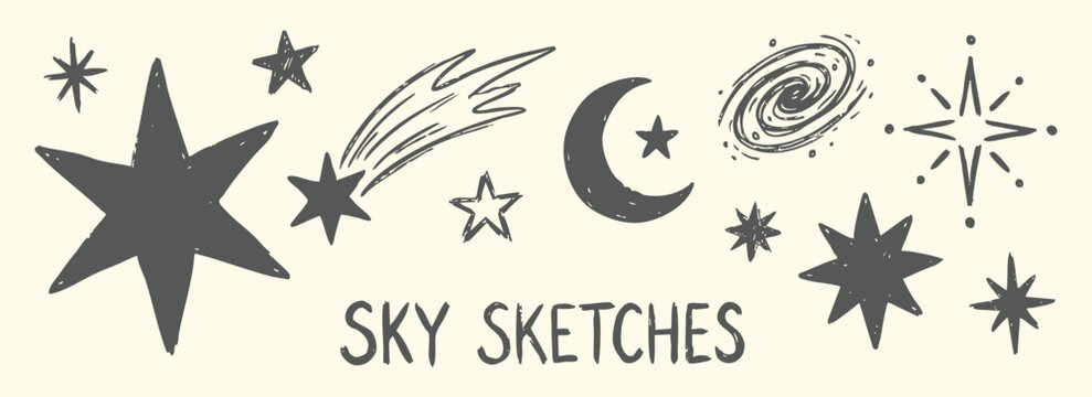 Night sky sketches featuring hand-drawn stars, crescent moon, comet and galaxy in a charcoal doodle style. A celestial vector illustration collection for astronomy posters and dark themes.