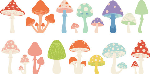 Cute Colorful Mushroom Collection with Spotted Toadstools and Forest Fungi Shapes Vector Illustration Set