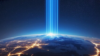 A Futuristic Perspective of Earth Illuminated by Vertical Beams of Light, Capturing the Blend of Technology and Nature in a Nighttime Landscape