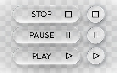 Modern glass media player buttons with stop, pause, and play icons for web and app interfaces. Vector illustration. © hobbitfoot