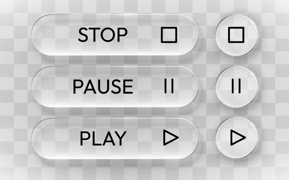 Modern glass media player buttons with stop, pause, and play icons for web and app interfaces. Vector illustration.