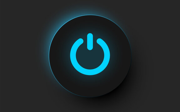 Glowing blue power button on a dark background. A modern onoff switch concept. Vector illustration